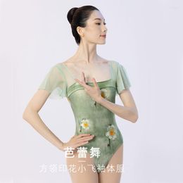 Stage Wear Ink Printing Ballet Leotards For Women Square Collar Ruffles Sleeve Dance Costume Adult Elegant Bodysuit Practice Leotard