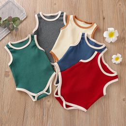 Rompers Baby's Ribbed Jumpsuit Toddler Boy Girl Solid Colour O-neck Sleeveless Romper Button Short Pants Breathable Summer Clothing