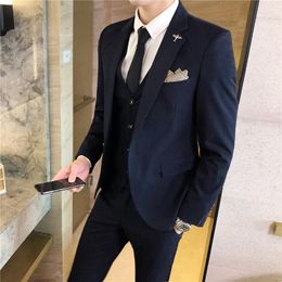 Men's Suits High-end Men's Pure Colour Blazer Suit For Autumn And Winter Three Piece Small Slim Youth Fashion Dress