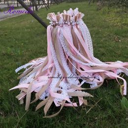 Banner Flags est 50/20/10pcs/lot Pink jute lace wedding Ribbon Wands with big sliver Bells for wedding party 230217