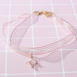Choker Pink Lace Short Necklace For Woman Crystal Pendant Clavicle Chain Lovely Sweet Girls Jewellery Bijoux Wholesale