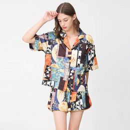 Women's Sleepwear Silk Pyjamas Women's Summer Thin Fashion Printed Ladies Casual Home Wear Short-sleeved Shorts Loose Two-piece Suit