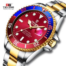 TEVISE Green water ghost Men Quartz Watch Calendar Waterproof Business Watches Stainless Steel band Clock relojo mascuino304J