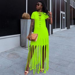 Casual Dresses Maxi T Shirt Dress Women Summer 2023 Tassel Lace Up V-neck Elegant Streetwear Club Party Long Sundress Robe FemmeCasual