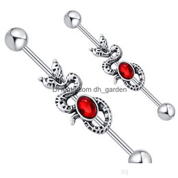 Plugs Tunnels 14G Stainless Steel Snake With Red Cz Gem Industrial Bar Piercing Barbell Earring Fashion Body Jewelry Pirci Dhgarden Dhca5