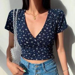 Women's T Shirts Summer French Retro Floral V-Neck Short-Sleeved Slim Slimming Wild High Waist Top