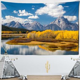 Tapestries Mountain Rolling Lake Scenery Art Tapestry Golden Forest Wall Hanging Hippie Cloth Backdrop Beach Mat Dorm Home Decor