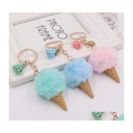 Key Rings Ice Cream Keychain Cute Bag Cartoon Imitation Rex Rabbit Fur Plush Pendant Cone Car Hair Ball Accessories Keychains Drop D Dh5Au