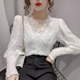 Women's Blouses & Shirts COIGARSAM Blouse Women Autumn 2023 Full Sleeve Lace Solid V-Neck Apricot White Black Blusas Womens Tops And