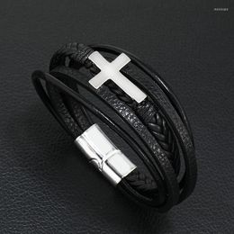 Charm Bracelets 2023 Alloy Bracelet For Man Cross Magnet Clasp Multi-Layer Simple Woven Leather Jewellery Birthday Party Christmas Gift