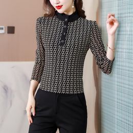 Women's Blouses Korean Fashion Mesh Women Lace Long Sleeve Shirts Navy Office Lady Blusas Femininas Elegante Ladies Tops