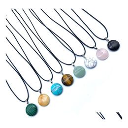 Pendant Necklaces Flat Round Reiki Stones Turquoise Pink Quartz Charms Necklace For Women Men Gift Accessories Drop Delivery Jewelry Dhgm3