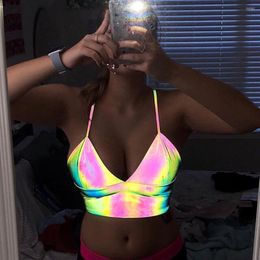 Women's Tanks Sexy Holographic Bralette Crop Top Strap Reflective Fashion Camis Summer Tops Shiny V Neck Sleeveless Backless Women