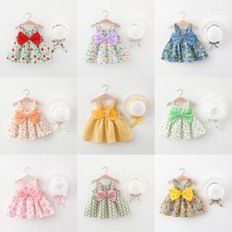 Girl Dresses Teen Girls Summer Style Print Dress Hat Child Cute Soft Loose Knee-Length Trendy Fashion Floral Vest Skirt With Bow