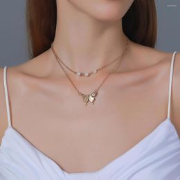 Pendant Necklaces Fresh Simple Style Pearl Double-layer Necklace Cute Butterfly Clavicle Chain Short For Woman Charm Collier