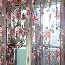 Curtain Red Peony Tulle Curtains For Kitchen Door Window Living Room Bedroom Sheer Voile Yarn 1 Panel/PCS