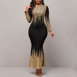 Casual Dresses Elegant Bronzing Glitter Long Dress for Women O Neck Sleeve High Waist Bag Hip Mermaid Bodycon Party Evening Robe 230217