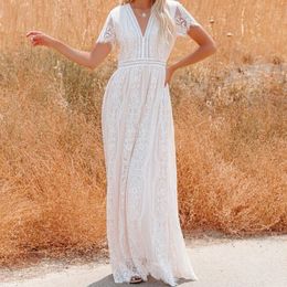 Casual Dresses Happie Queens Fashion Women Deep V-neck Lace Hollow Out Bohemian Maxi Dress Vintage Lady White Boho 230217