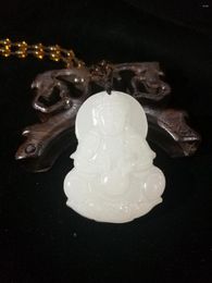 Pendant Necklaces Chinese Natural White Jade Hand-Carved Kwan-Yin And With Beads Necklace