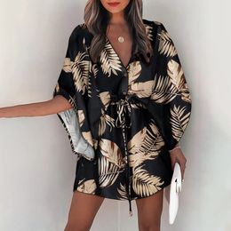 Casual Dresses Boho Beach Vacation Mini Dress Women Summer Print Lace Up Button Batwing Sleeve For Ladies Loose Female Robe 230217