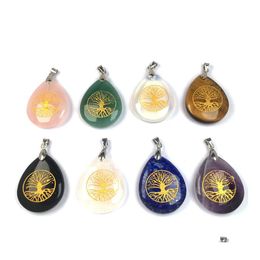 Pendant Necklaces Chakra Reiki Healing Semiprecious Stone Waterdrop Gold Tree Of Life Pattern Charms Amet Crystal Meditation For Men Dhfzo