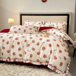 Bedding Sets 150/180/200CM Pink Rose Print Bed Sheet Duvet Cover Pillowcase Chinese Style Wedding Four-piece Spring Autumn Set M042-2
