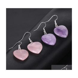 Charm Natural Stone Heart Charms Drop Earrings Reiki Healing Hexagonal Dangle Amethyst Lapis Pink Crystal Earring Women Piercing Yyd Dhioj