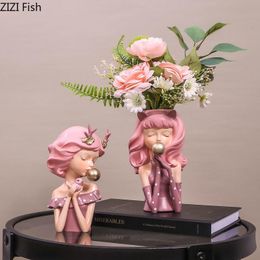 Vases Antlers Girly Flowers Vase Resin Flower Arrangement Crafts Portrait Statue Ornaments Painted Figurines Home Decoration