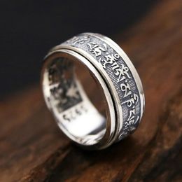 Tailândia Silver Real 925 Ring Sterling Men tibetano Buddhist Heart Sutra Gire anel de jóias finas Vintage Dragon297C