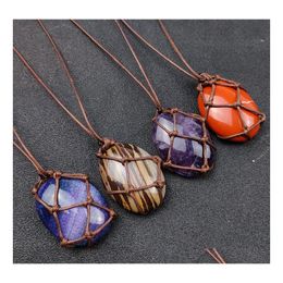 Pendant Necklaces Healing Knitting Woven Oval Stone Blue White Amethyst Crystal Quartz Necklace Rope Chains For Men Women Fashion Je Dh1Kf