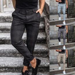 Men's Pants Spring Fashion Plaid Printed Pencil For Mens Vintage Mid Waist Button Trouser Male Summer Casual Long Pant Streetwear