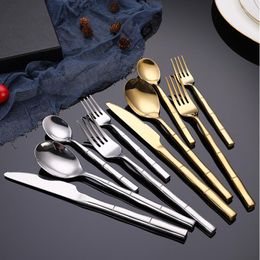 Dinnerware Sets Travel Cutlery Set Spoon Table Forks Stainless Steel Non-slip Design Golden Knife Fork Teaspoon Hiking Tableware