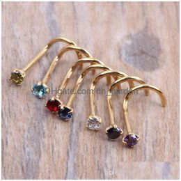 Nose Rings Studs Crysta Gold Sier Zircon Ring Screw Stud Clear Pink Red Purple Curved Steel Pin Piercing 20G 0.8Mm Drop De Dhgarden Dh8J7