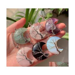 Pendant Necklaces Moon Crescent Wire Wrap Tree Natural Healing Stone Crystal Quartz Pendum Opal Amethyst Pink Necklace Carshop2006 D Dhsty