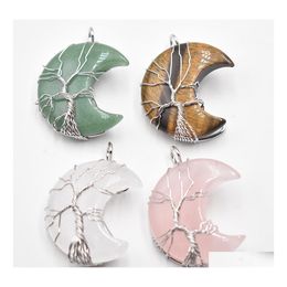 Charms Natural Crystal Pendant Tree Of Life Moon Shape Reiki Polished Mineral Jewellery Healing Stone For Men Women Gift Drop Delivery Dhaf6