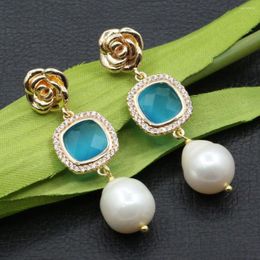 Dangle Earrings GuaiGuai Jewellery Cz Bezel Set Blue Crystal Cultured White Rice Pearl Lever Back Flower Stud For Lady