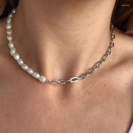 Chains Vintage Simulated Pearl Stitching Clavicle Chain Necklaces For Women Ladies Asymmetric Silver Colour Necklace Jewellery