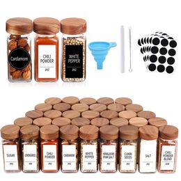 Storage Bottles Jars 12pcs Natural Wood Cover Glass Jar Square Transparent Seasoning Storage Bottles Kitchen Salt Spice Ground Pepper Sealing Tools 230217