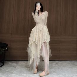 Casual Dresses Spring Summer Gothic Style Boho O-neck Long Sleeve Lace Splicing Irregular Layered Vestidos 230217