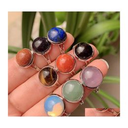 Solitaire Ring 10Mm 12Mm Natural Stone Rings Open Adjustable Aventurine Lapsi Turquoise Tiger Eye Amethysts Pink Quartz Crystal Wome Dhkps