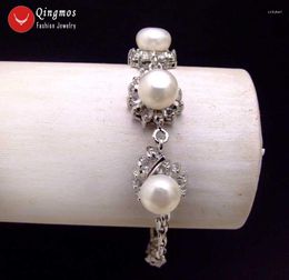 Strand Qingmos Natural 9-10mm White Flat Round Pearl Bracelets For Women With Metal Chain 8'' Bracelet Fine Jewellery Pulsera Bra340