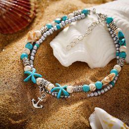 Anklets Fashion Double Anklet Conch Starfish Rice Bead Yoga Beach Boat Anchor Pendant Bracelet