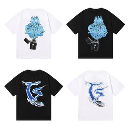 NEW Trapstar Mens Lighter Blue Flame T-Shirt Speedboat Spray Print T Shirts High Quality 100% Cotton Women Loose Casual Short Sleeved 858