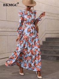 Casual Dresses BKMGC Ruffle Butterfly Sleeve Floral Print O-Neck Belted Waist Summer Autumn Women Long Maxi Boho Bohemian Cloth 230217