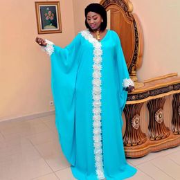 Ethnic Clothing Elegant Casual Sky-blue African Dresses For Women Dashiki Print Appliques Muslim Dress Long Vestidos With Innder