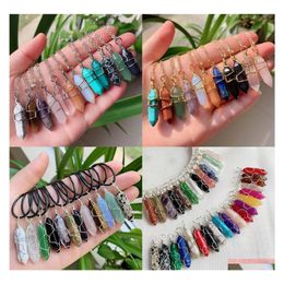 Pendant Necklaces Assorted Stone Pendum Wire Wrap Reiki Healing Crystal Necklace Hexagonal Amethyst Pink Quartz Chakras Pendo Jewelr Dh96P