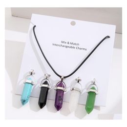 Pendant Necklaces Interchangeable Reiki Healing Jewelry Natural Stone Hexagonal Rose Quartz Crystal Pendum Chakra Necklace Set Yydhh Dh8Wx