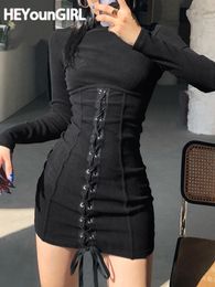 Casual Dresses HEYounGIRL Tie Up Bandage Black Bodycon Dress Autumn Basic Long Sleeve Knitted Mini Ladies Skinny Winter Fashion 230217