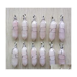 Charms Sier Color Wire Wrapped Rose Quartz Hexagon Pendum Chakra Pendant Healing Pink Crystal Stone Hangings Fashion Jewelry Making Dhjum