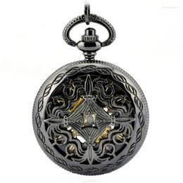 Pocket Watches Hollow Skeleton Black Automatic Mechanical Watch Men Vintage Hand Wind Clock Necklace & Fob Men's